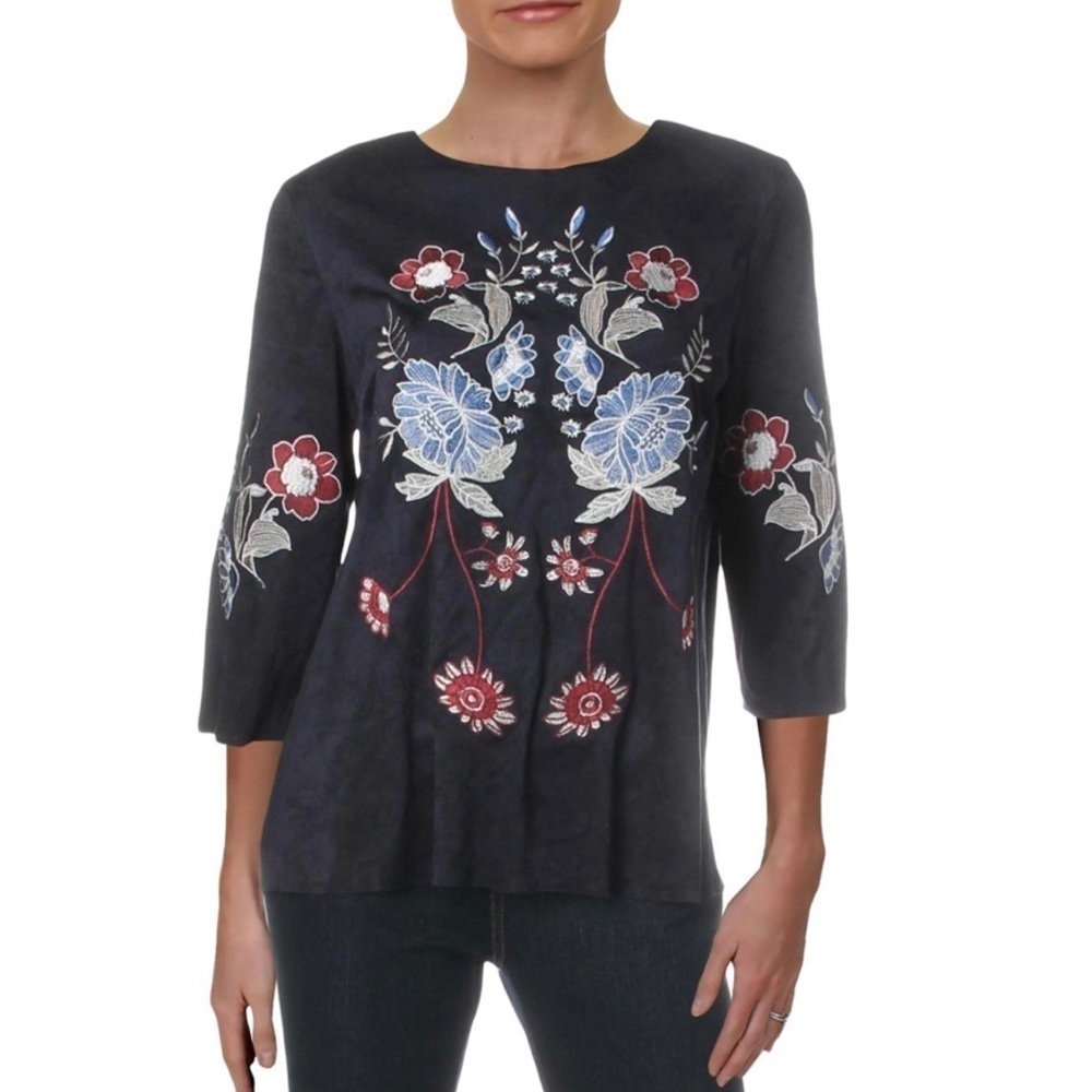 Charter Club Faux Suede Floral Embroidered Blouse